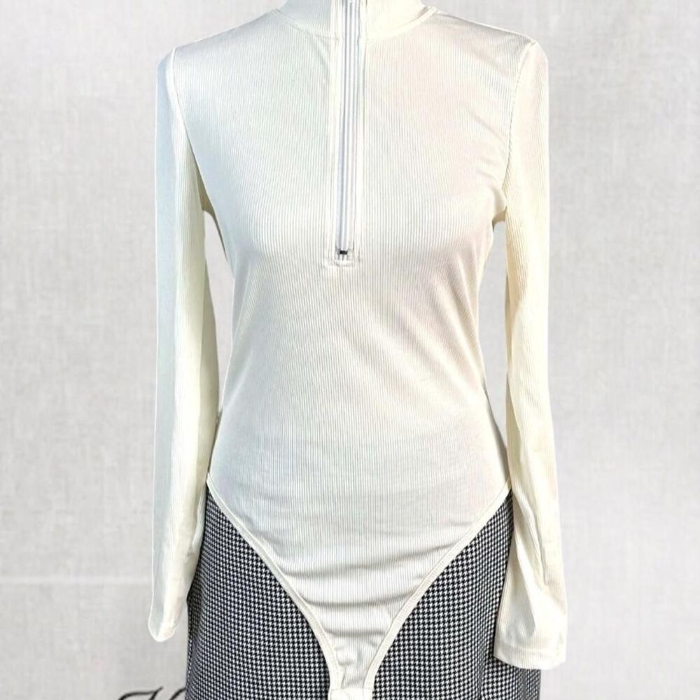 Luxury Coquette Cream Quarter Zip Long Sleeve Bodysuit